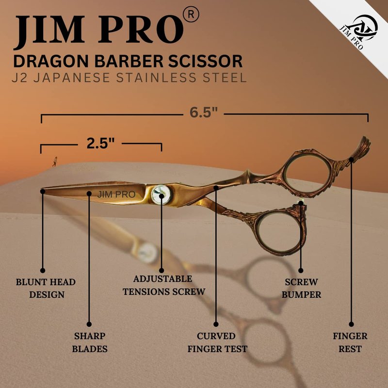 JIM PRO Professional Quality Barber Scissor - Hair Cutting Scissors, Professional Japanese 440C Stainless Steel Barber Hair Scissors With Dragon Handle, for Salon and Home Use 6.5" (ROSE GOLD - 440C)
