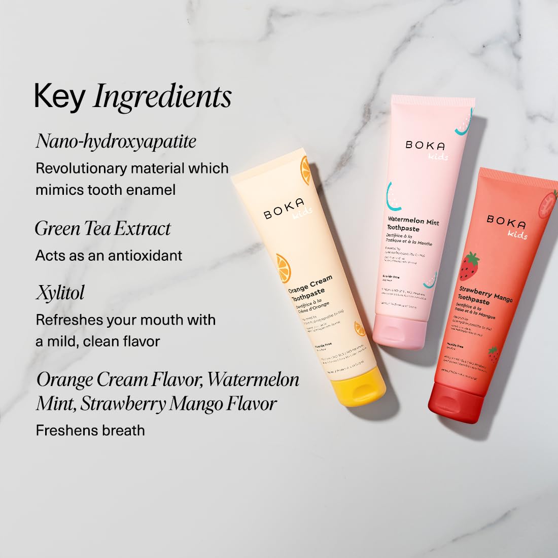 Boka Fluoride Free Toothpaste Nano Hydroxyapatite Toothpaste - Orange Cream, Watermelon Mint, Strawberry Mango Flavor, 4 oz 3Pk