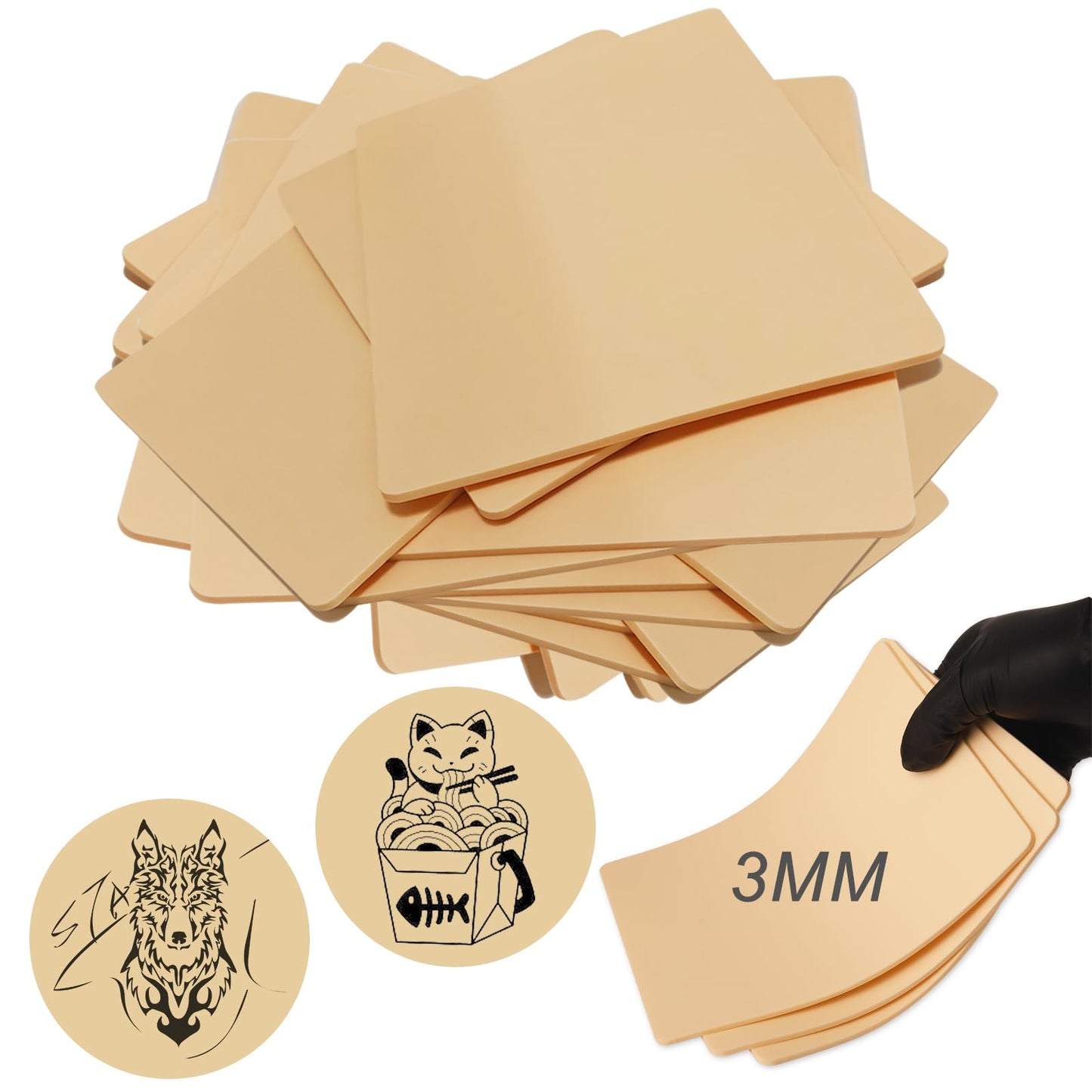 Emalla 3MM Fake Tattoo Skin - 20Pcs Premium Silicone Skin Practice Kit 7.48"x5.6" Double Sides Fake Skin Practice for Beginners and Artists Tattoo Supplies