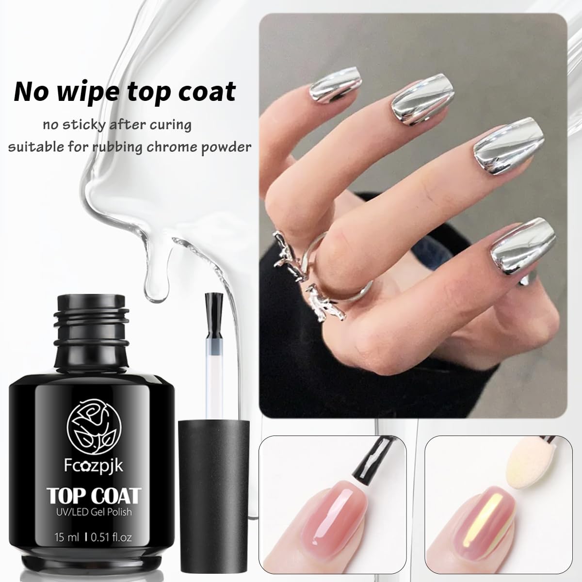 Fcozpjk Gel Top Coat, 2Pcs 15ml No Wipe Top Coat and Base Set Glossy Finish Shiny Top Nail Polish Soak Off Clear Base Gel Manicure Art Supplies