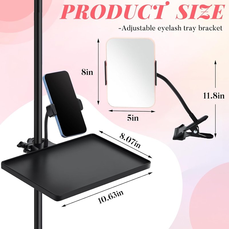 Adjustable Lash Tray Holder for Ring Light - 10.6" x 8" Organizer with Phone Holder & Makeup Mirror | Eyelash Extensions Supplies