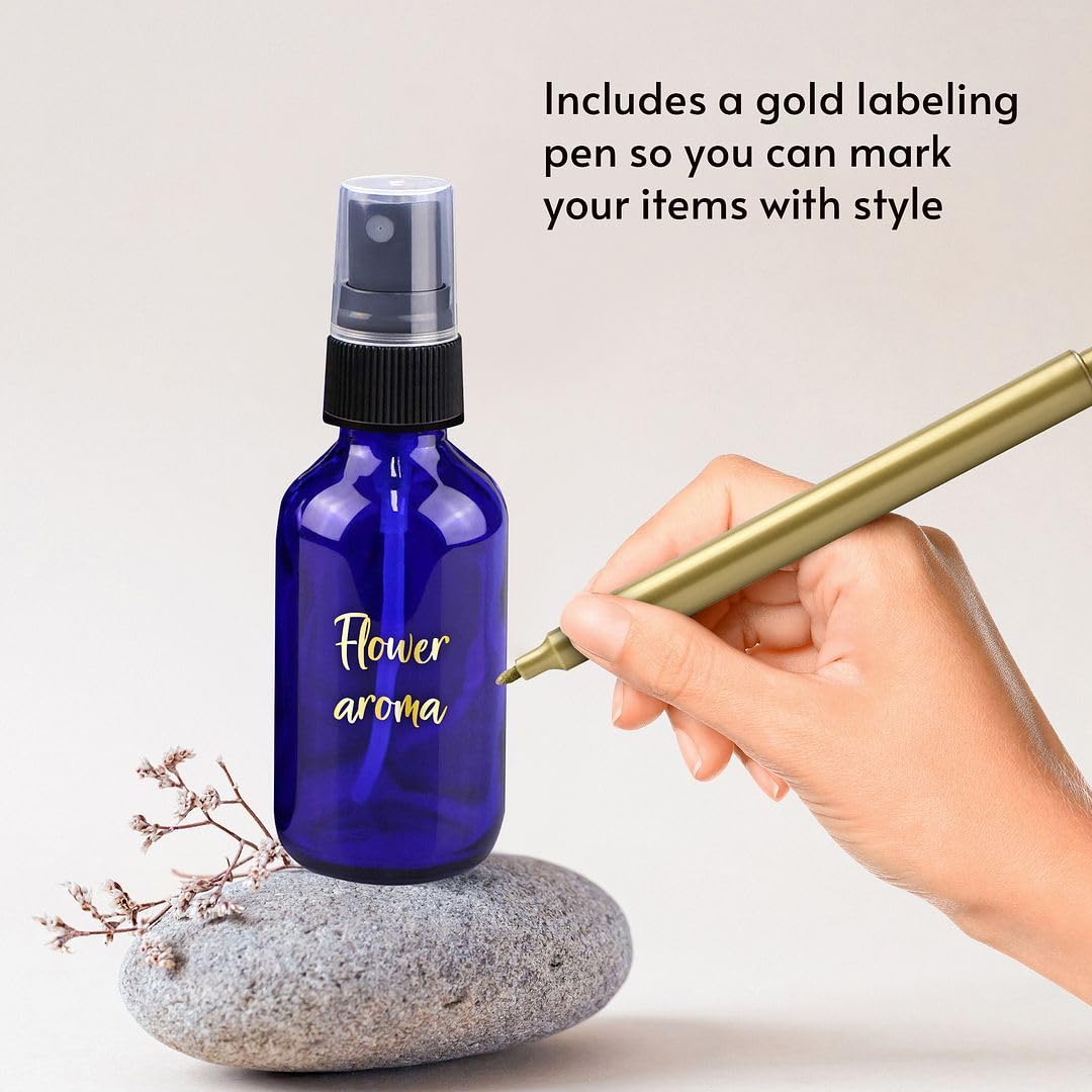 CULINAIRE 2oz Glass Spray Bottles for Essential Oils with Gold Pen Marker, Small Fine Mist Spray Bottle, Refillable, for Hair Spray, Essential Oils, Colognes, and Hand Sanitizers, Blue, Pack of 24