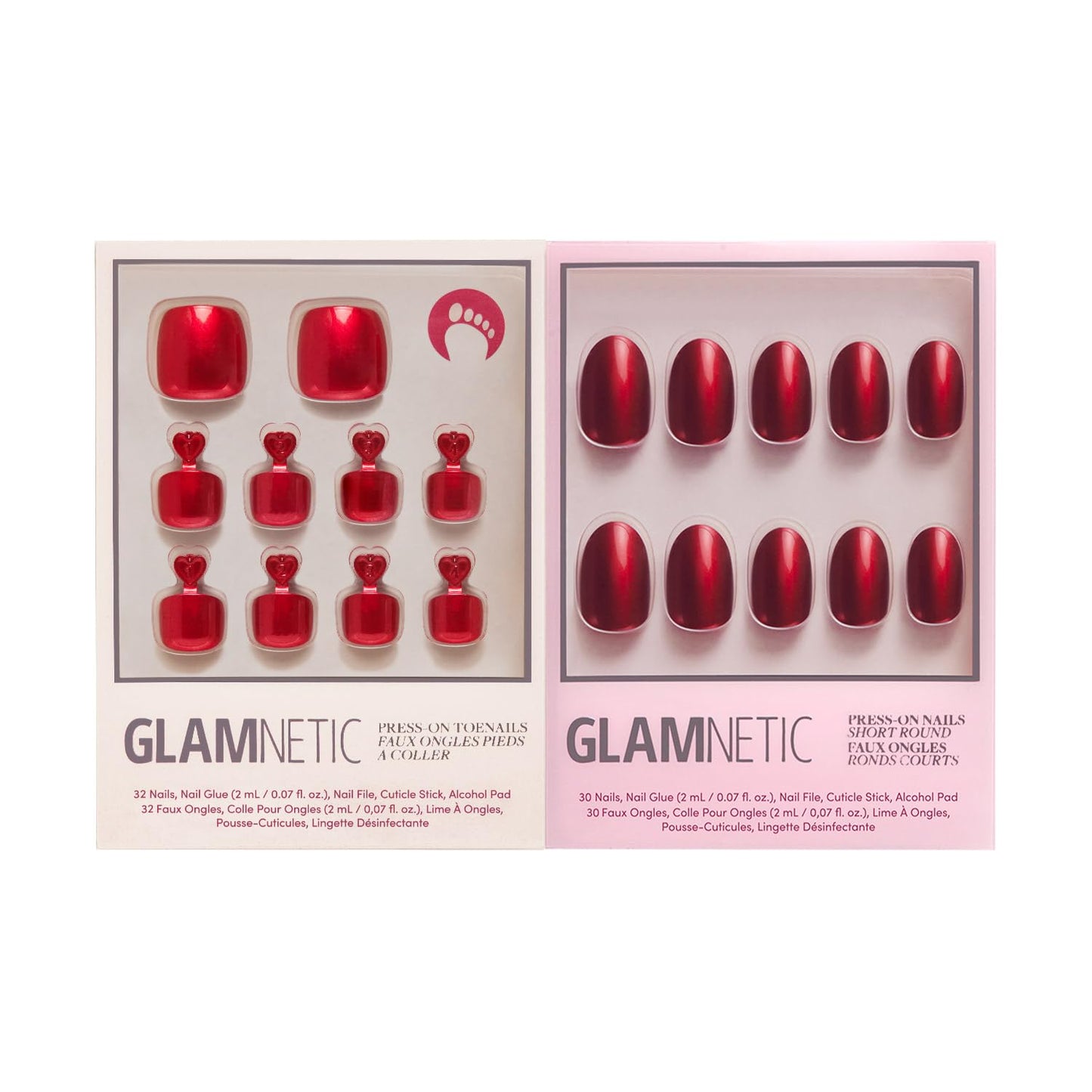 Glamnetic Press-On Nails - Cherry Glaze Short Round Bright Red Nails | 30-Piece Kit with Glue & 32 Toe Nails