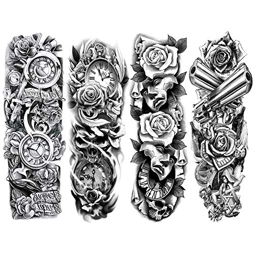 4 Sheets Black Full Arm Flower Clock Mask Rose Gun Cross Body Art Temporary Tattoo Stickers