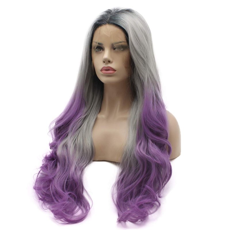 Lushy Hair Lace Front Synthetic Wig - 26-Inch Wavy Dark Root Gray Purple Ombre | Heat Resistant, Realistic Look