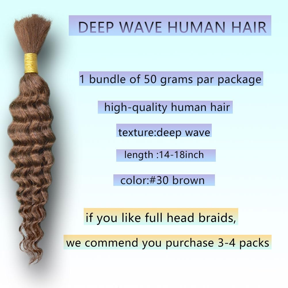 Human Braiding Hair 18 Inch 100 g 2 Bundle Deep Water Wave Bulk Human Hair for Braiding Curly Human Hair for Boho Braids Wet and Wavy Human Hair Extensions No Weft Micro Braiding Hair #30 Brown