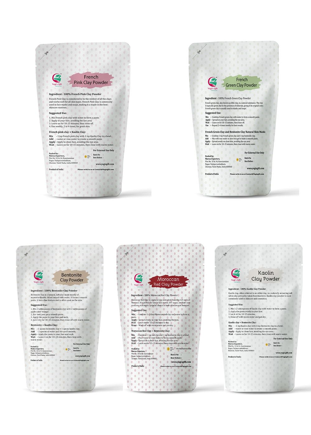 Pack of 5 Clays For Mask Making & Soap Making | Rose Clay, French Green Clay, Kaolin, Moroccan Red and Bentonite Clay | 8oz Each | Best Variety Pack For DIY Projects | By Yogi’s Gift ®