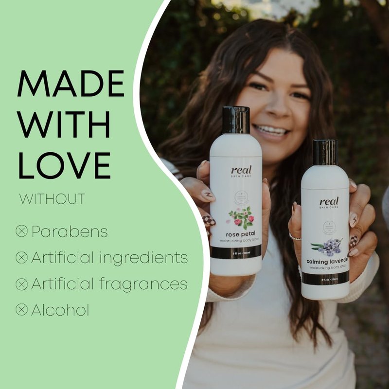 Real Skin Care Organic Body Lotion 8oz - Lightweight & Non-Greasy, Coconut Oil & Jojoba - Moisturizer for Dry & Sensitive Skin, Reduce Fine Lines and Wrinkles - Paraben Free Natural Body Lotion