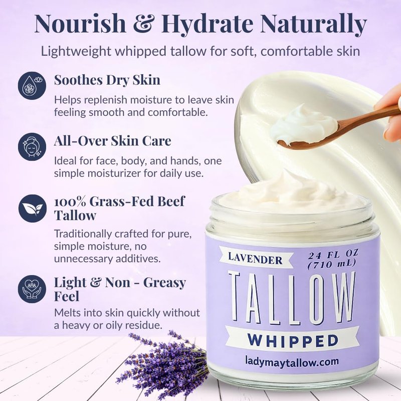 Lady May Tallow Whipped Tallow 24oz - All Natural Face Cream and Whole Body Moisturizer for Dry Skin - Made with Scented Oil Blend - No Preservatives, Parabens or Seed Oils - USA Made (Lavender)
