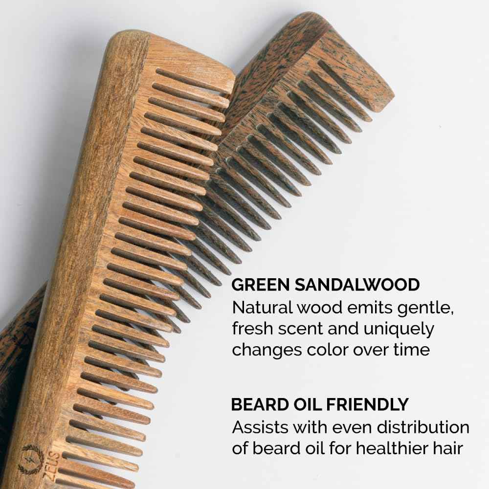ZEUS Sandalwood Beard & Mustache Comb for Men with Leather Case, Handmade Anti-Static Saw-Cut Wood Comb for Grooming (L31)