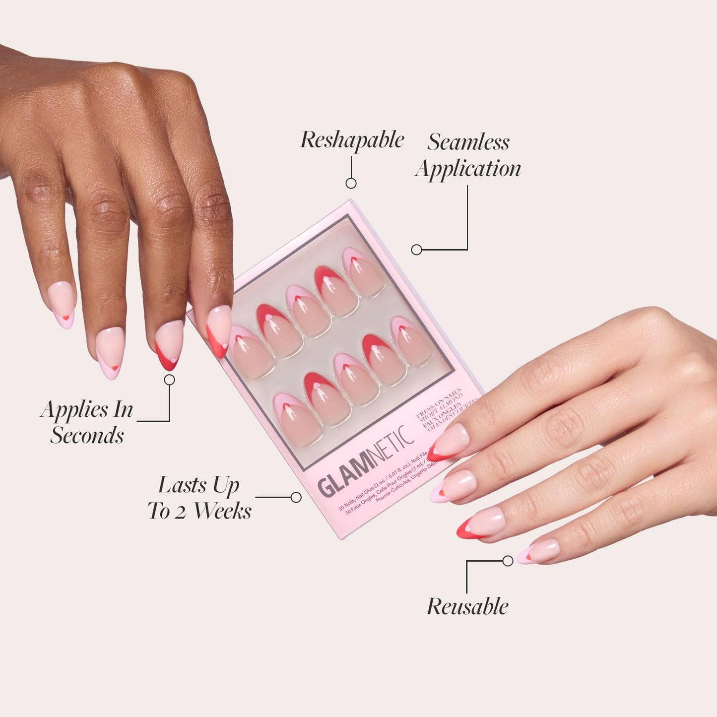 Glamnetic Press On Nails - Pure Hearted | Glossy, Semi-Transparent Short Almond Fake Nails with Heart Accents, Salon Quality | 15 Sizes - 30 Nail Kit with Glue