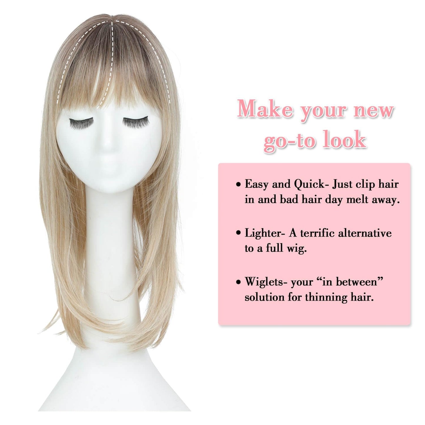 Megito Clip in Synthetic Hair Topper with Bangs for Women, 18inch Hair Topper Long Layered 6.5"X6.5" Big Base Toppers Hairpieces for Women with Thinning Hair Ombre Mix Blonde Color