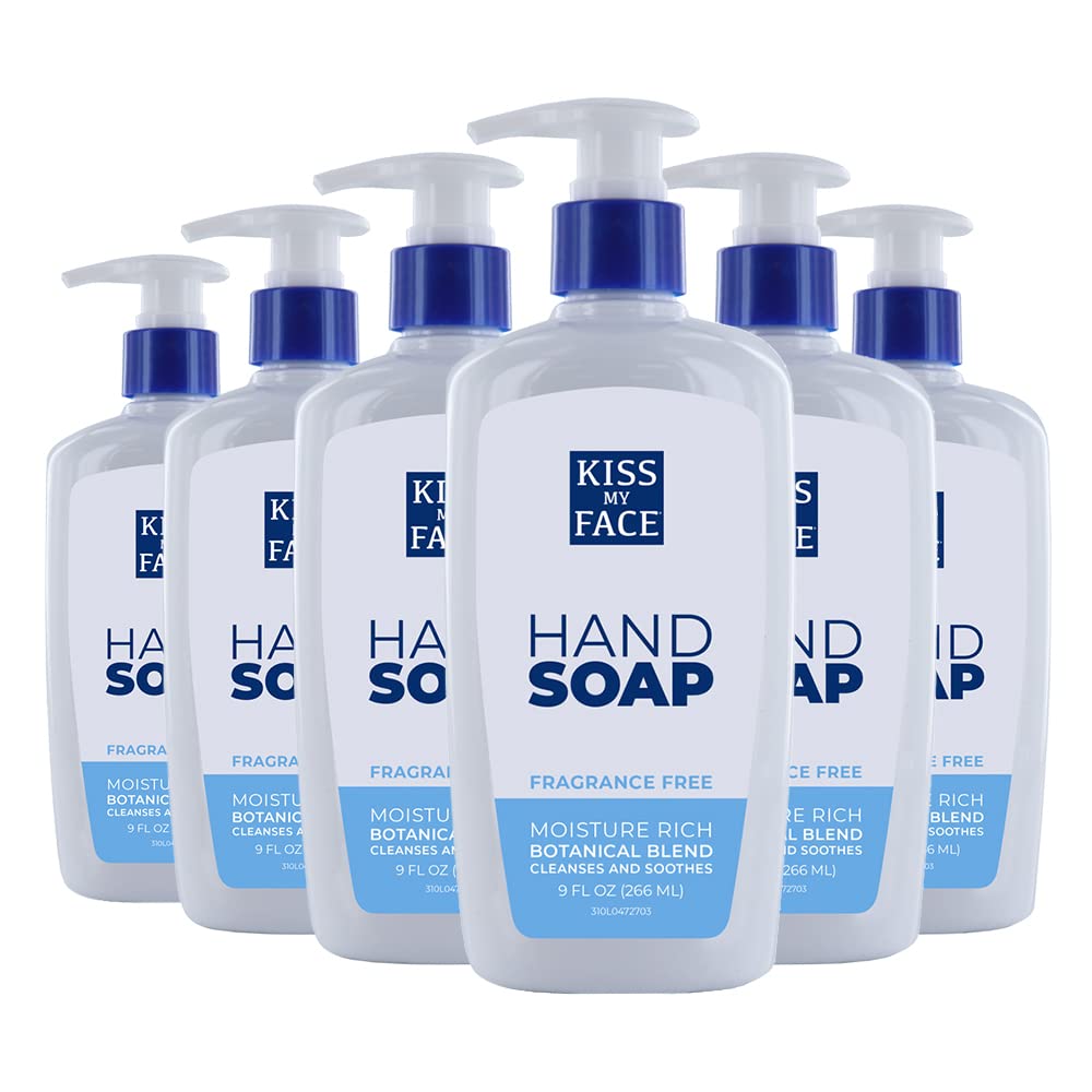 Kiss My Face Fragrance Free Liquid Hand Soap – Vegan and Cruelty Free Hand Wash Soap – 9 fl oz Bottle with Pump Dispenser (Fragrance Free, Pack of 6)