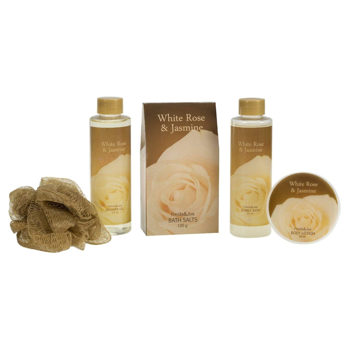 White Rose Jasmine Spa Set For Women in Elegant Gold Tub Includes Shower Gel, Bubble Bath, Body Lotion, Jasmine Bath Salt, Pouf, Award Winning Bath Body Set Gift – Mother's Day Gift for Mom