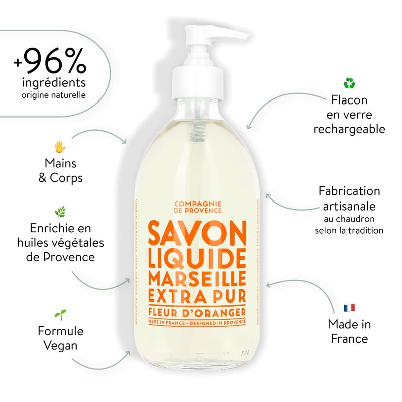 Compagnie de Provence Liquid Marseille Soap - Orange Blossom Scent - 16.7 Fl Oz Glass Pump Bottle
