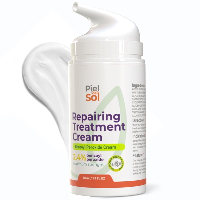Piel del Sol cosmetics Acne Cleansing Cream & Repairing Treatment - Face & Body Skincare with Benzoyl Peroxide 2.4%, Sweet Almond Oil, Tea Tree Oil, Aloe Vera Extract for Acne Spot Treatment, 50ml