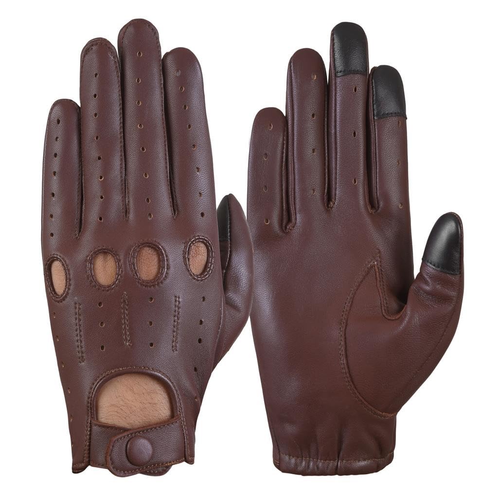 FASHIONLUXE Men's & Women’s Touchscreen Genuine Leather Driving Gloves,Classic Knuckle Cut Design,Breathable Fit Gloves(Brown, Extra Large)