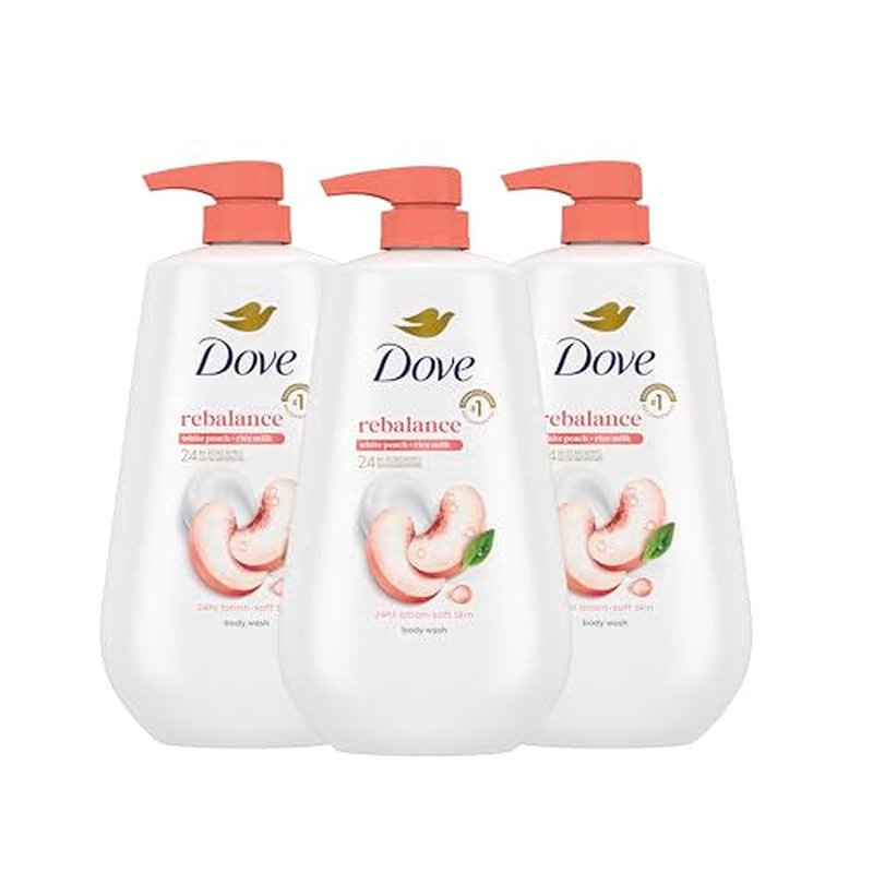 Dove Body Wash 3 Count Rebalance White Peach & Rice Milk For 24hr Lotion-Soft Skin Moisturizing Skin Cleanser with No Sulfates No Parabens