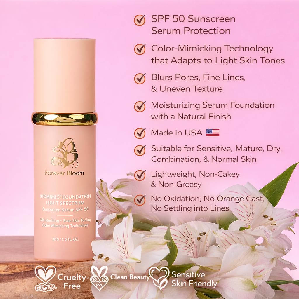 Forever Bloom Bio Mimic Foundation Light Spectrum SPF50 hydrates, conceals and evens tone with a lightweight, anti-aging finish for mature, sensitive skin—perfect for gym, sports or dance