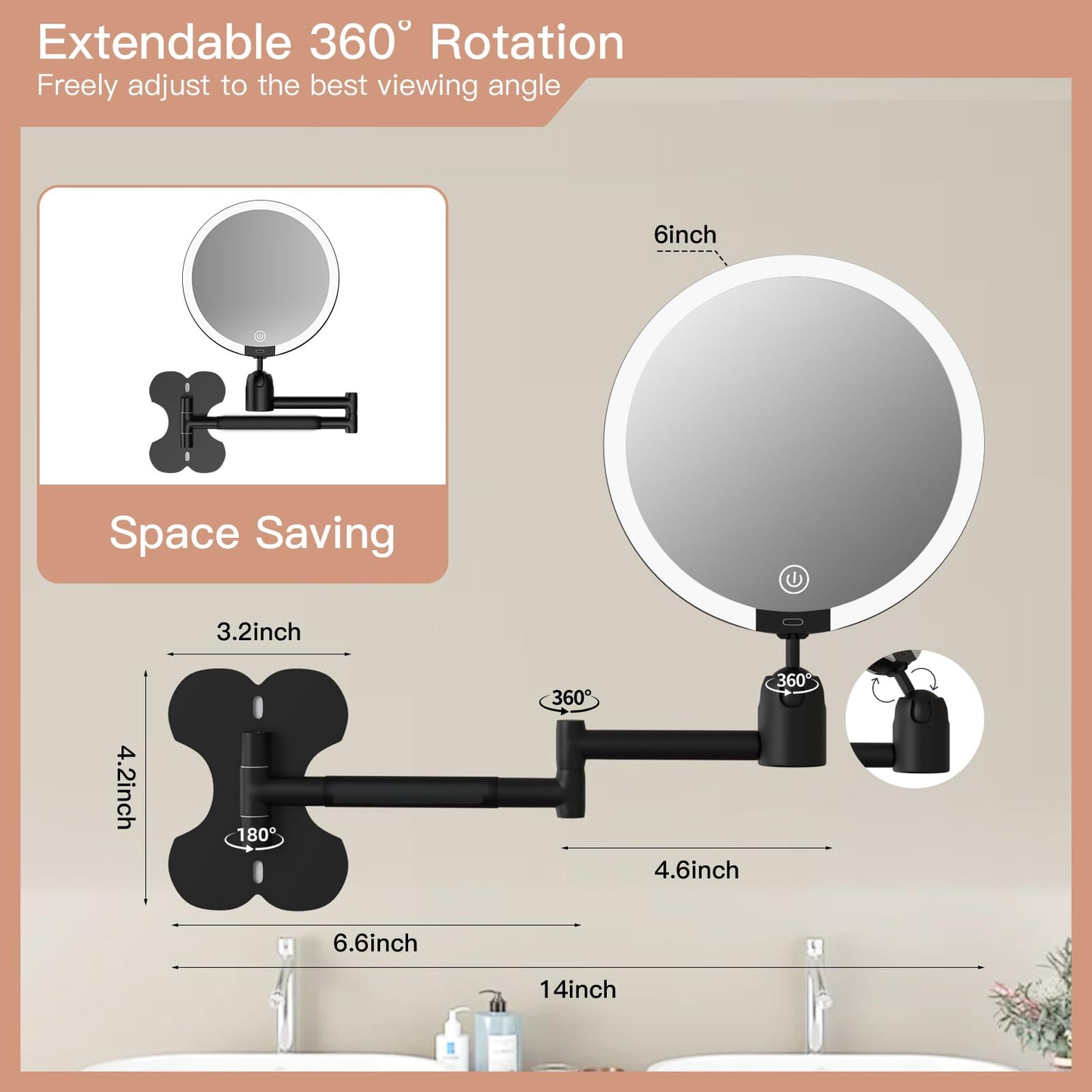 30X/1X Wall Mounted Lighted Makeup Mirror, 6inch Double Sided 1X/30X Magnifying Makeup Mirror with 3 Color Lights, Rechargeable Bathroom 30X Magnification Mirror 360° Rotation Extendable Folding Arm