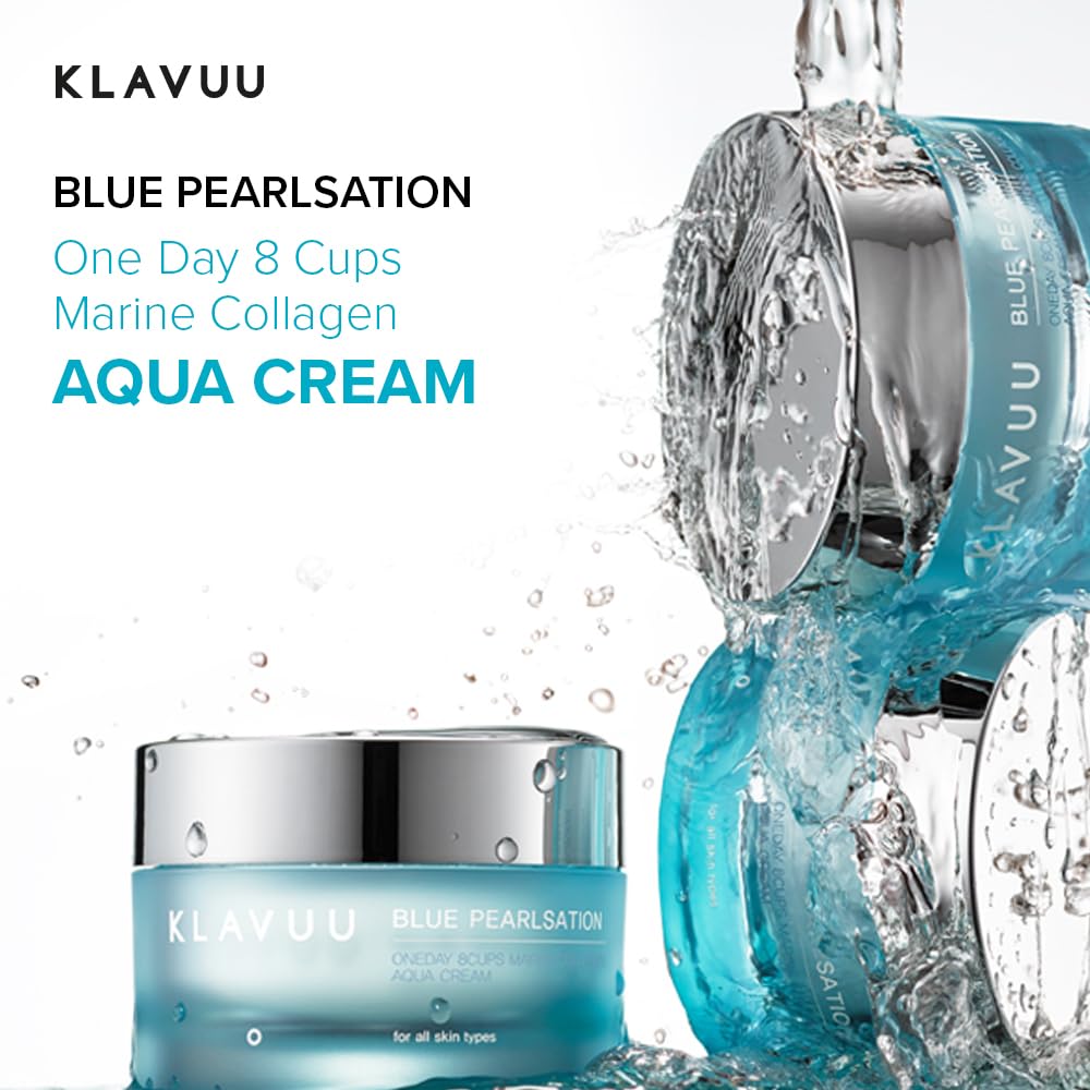 KLAVUU BLUE PEARLSATION ONE DAY 8 CUPS AQUA CREAM–Cooling Effect & Light Weight Texture, Hypoallergenic Soothing & Wrinkle Care Cream with Niacinamide, Korean Skin Care–1.69 floz