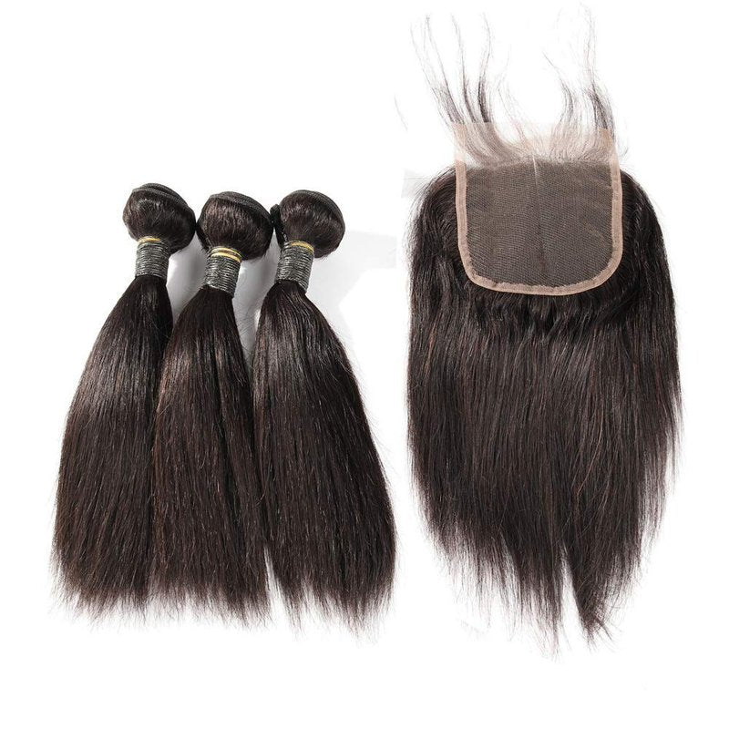 SINGLE BEST Brazilian Human Hair Bundles with Closure 10A Straight Bundles with Lace Closure 3 Bundles Human Hair with Lace Closure Free Part Natural Color (Straight, 8 8 8+8inch)