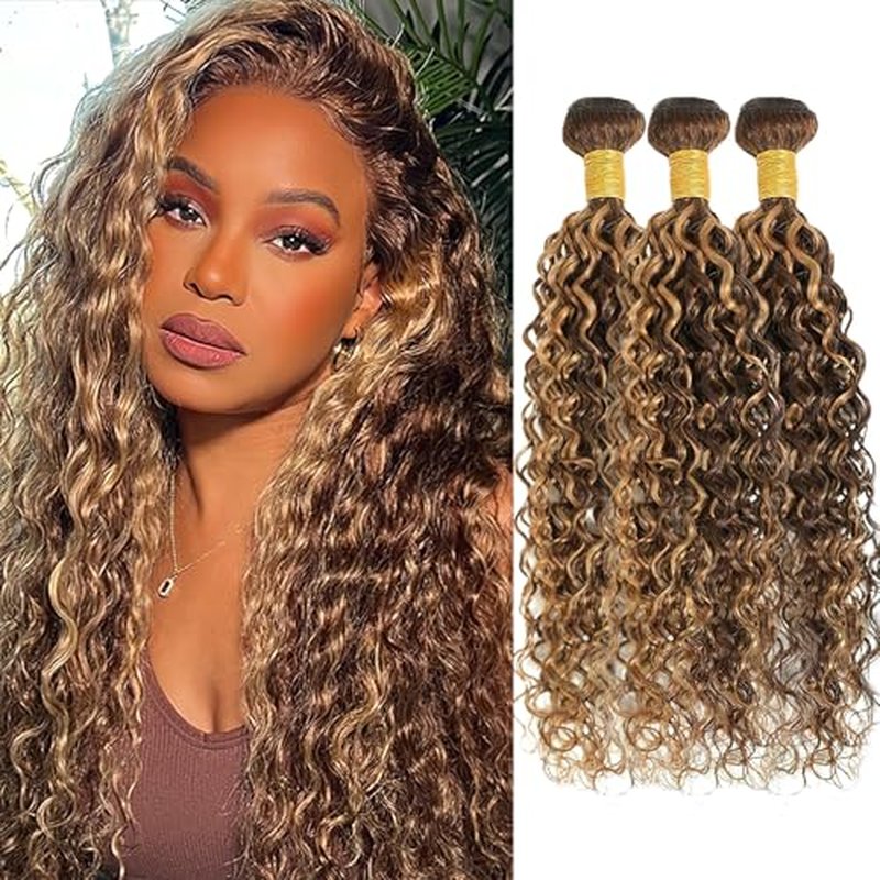 P4/27 Water Wave Bundles Human Hair 12 14 16 Inch Brown and Honey Blonde Highlight Wet and Wavy Human Hair Bundles 100% Unprocessed Brazilian Virgin Weave 3 Bundles Human Hair Extensions for Women