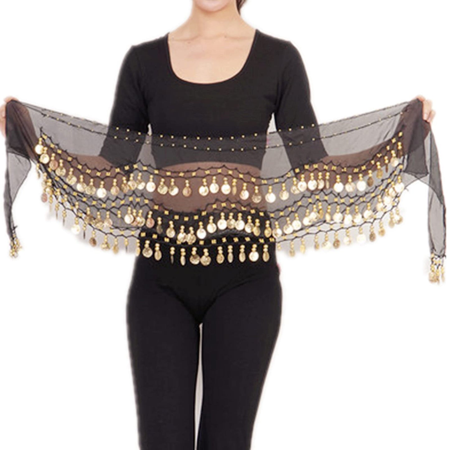 XHBTS Multi-Row Gold Coins Belly Dance Wrap & Hip Scarf, Simple Classical Style -Black 128 Gold Coins Dance Skirt and Face Tattoo Sticker Metallic Temporary Transfer Tattoo