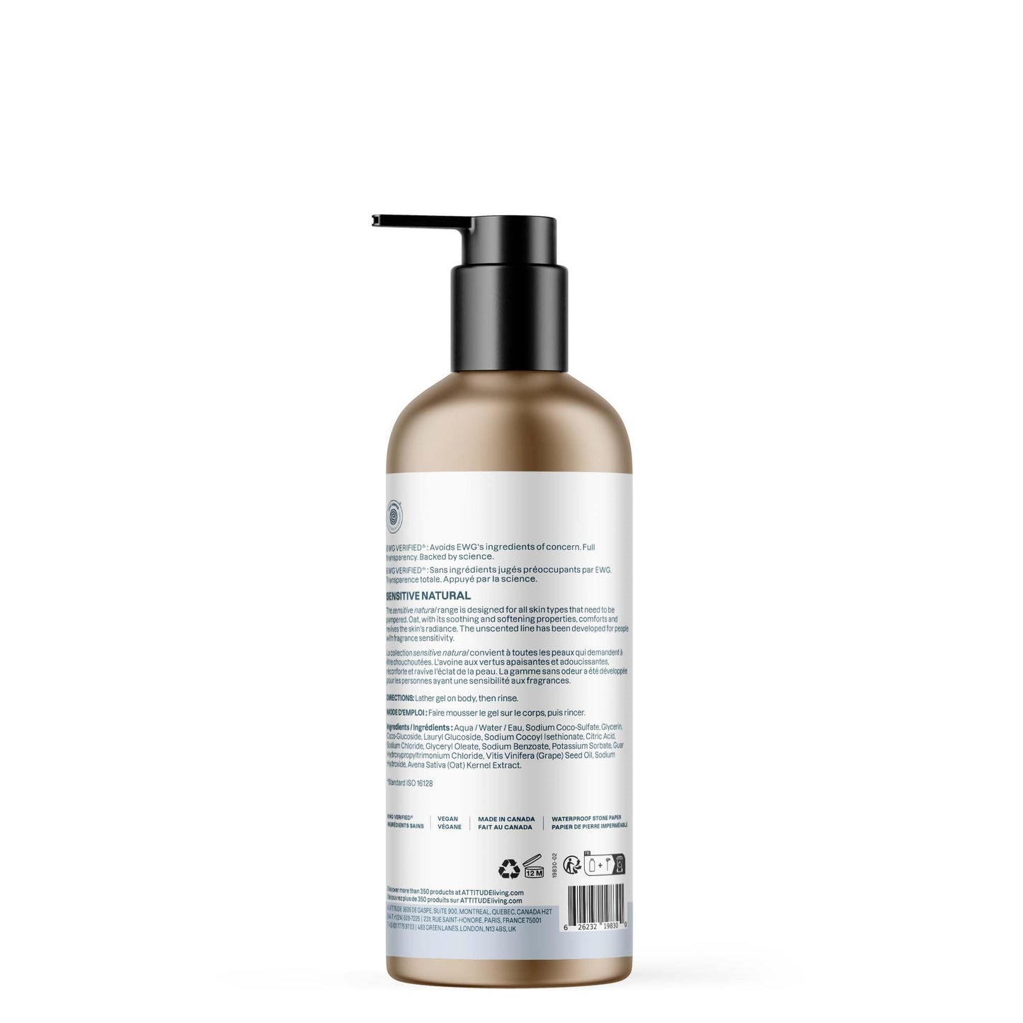 ATTITUDE Body Wash for Sensitive Skin, EWG Verified Shower Gel, Soothing Oat, Dermatologically Tested, Plant and Mineral-Based, Vegan Personal Care, Aluminum Bottle, Unscented, 16 Fl Oz