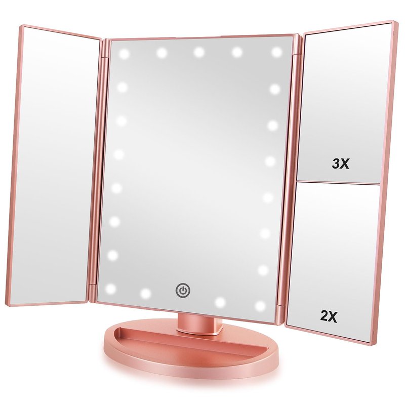 Infitrans Trifold Makeup Mirror Vanity Mirror with Lights,1X 2X 3X Magnification,Touch Control,Adjustable Rotation,Dual Power Supply,Portable Travel Cosmetic Mirror,Birthday Gifts for Women,Teengirls