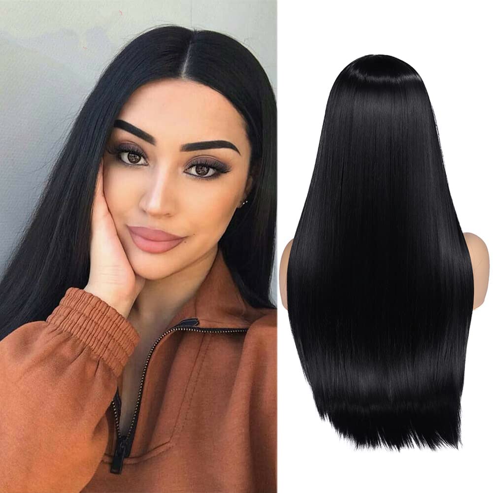 Long Black Wigs Straight Black Hair Dye Wig for Women Middle Part Synthetic Heat Resistant Natural Hair for Party or Halloween Costume Full Black Wigs for Girls