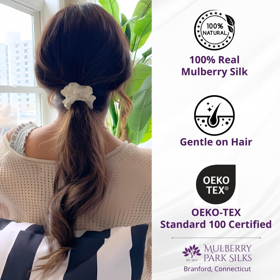 100% Pure Silk Scrunchies - 3 Pack for Frizz Control & Hair Protection | Large (Ivory/Pink/Sand)