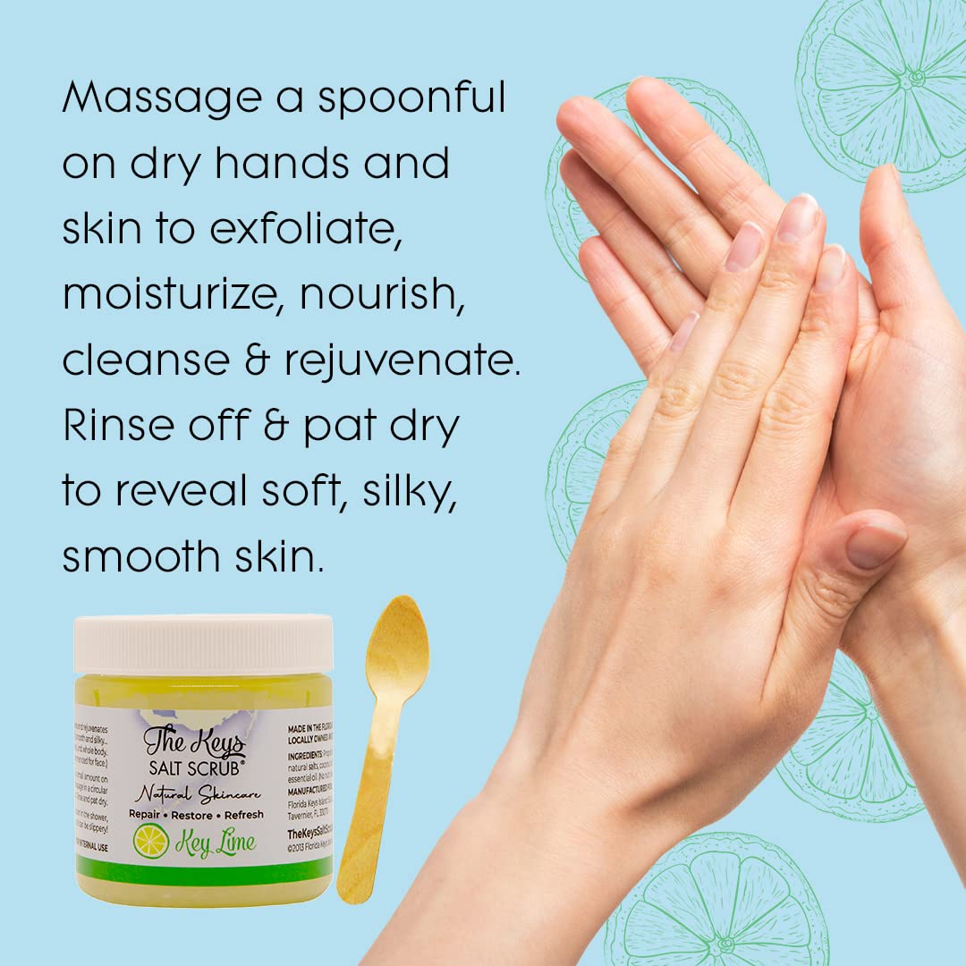 The Keys Salt Scrub -Sea Salt Scrub - Exfoliating Body Scrub with Wooden Spoon - Moisturizing Exfoliator for Hands, Foot, Bath, (3.4 Ounce (Pack of 3), Key Lime)