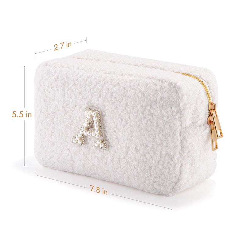 Anforsun Personalized Initial Travel Makeup Bag, Makeup Bag Travel Cosmetic Bag, Sherpa Teddy Pearl Letters A