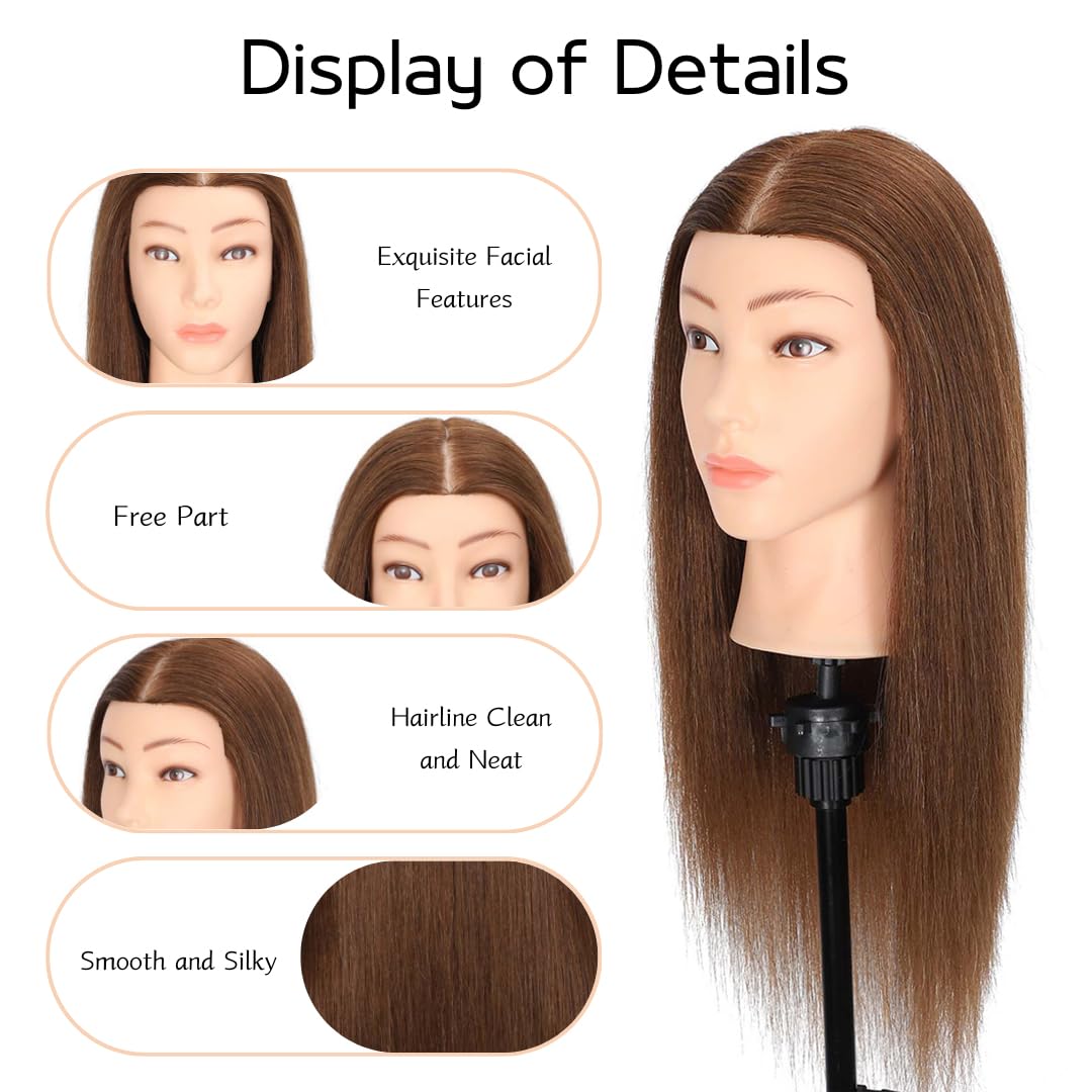 MQHIHI Mannequin Head Human Hair, 100% Real Hair Cosmetology Manikin Head for Practice Braiding Hairstyling Cutting with Free Clamp Holder and Tools (100% Brown)