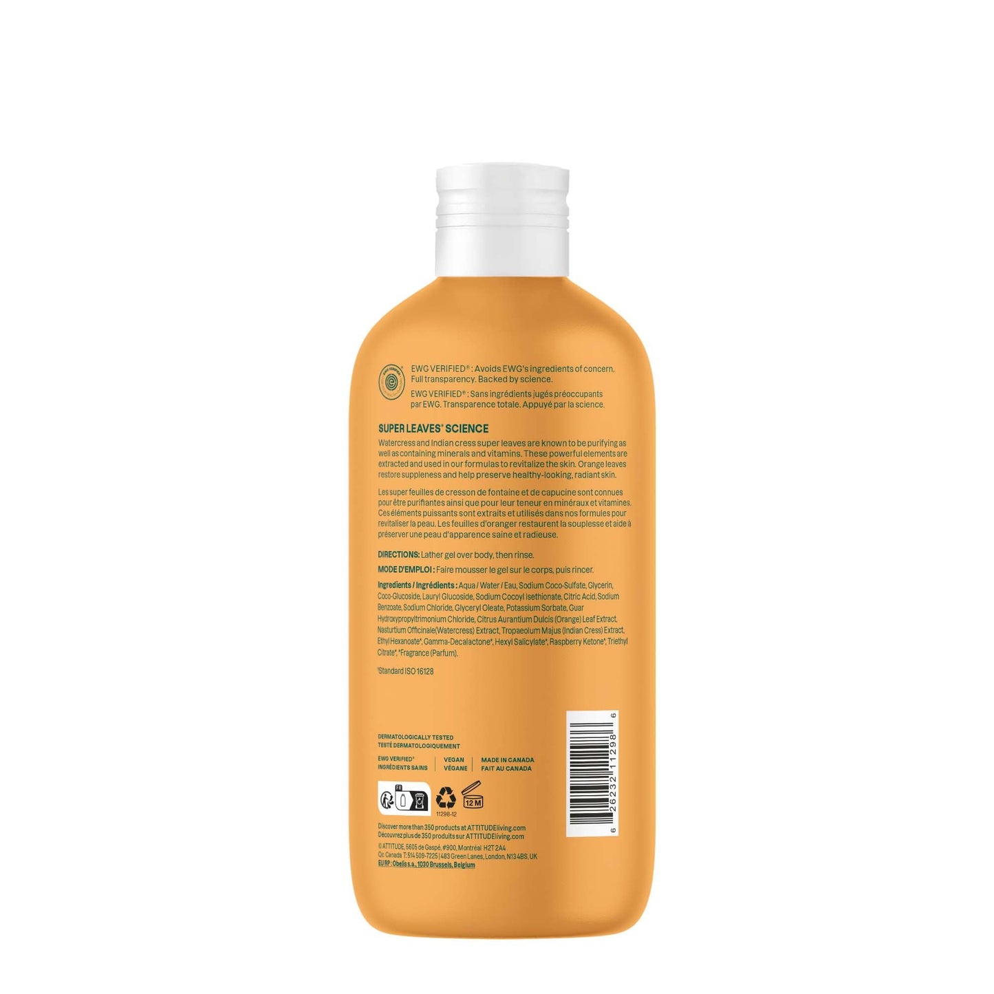 ATTITUDE Body Wash, EWG Verified Shower Gel, Dermatologically Tested, Plant and Mineral-Based, Vegan Personal Care Products, Orange Blossom & Eucalyptus, 16 Fl Oz