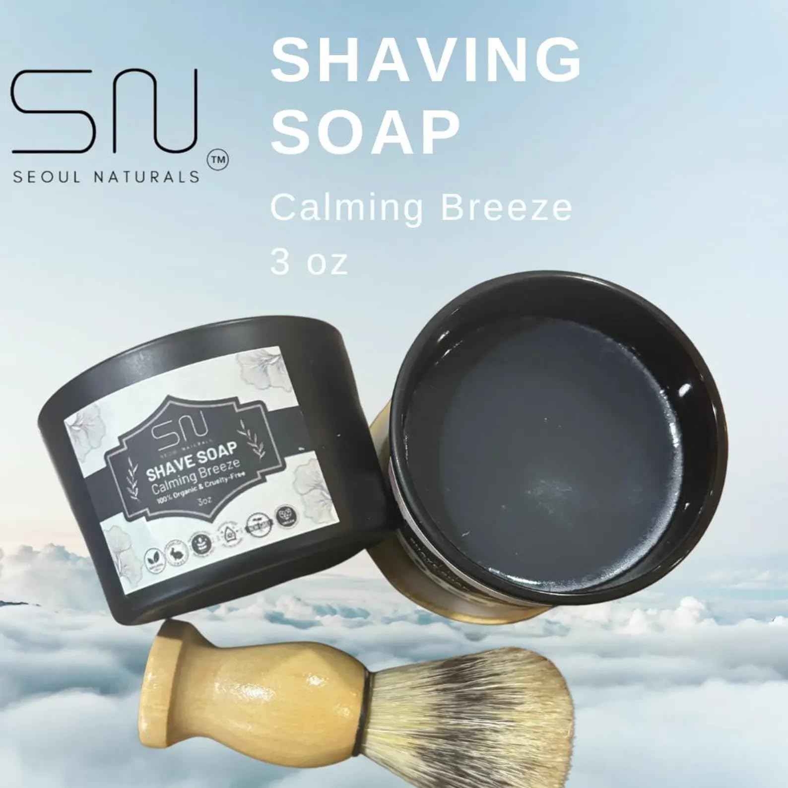 Seoul Naturals Organic Shave Soap Set with Barber Brush, Cool Rain Scent, k beauty, 3 oz