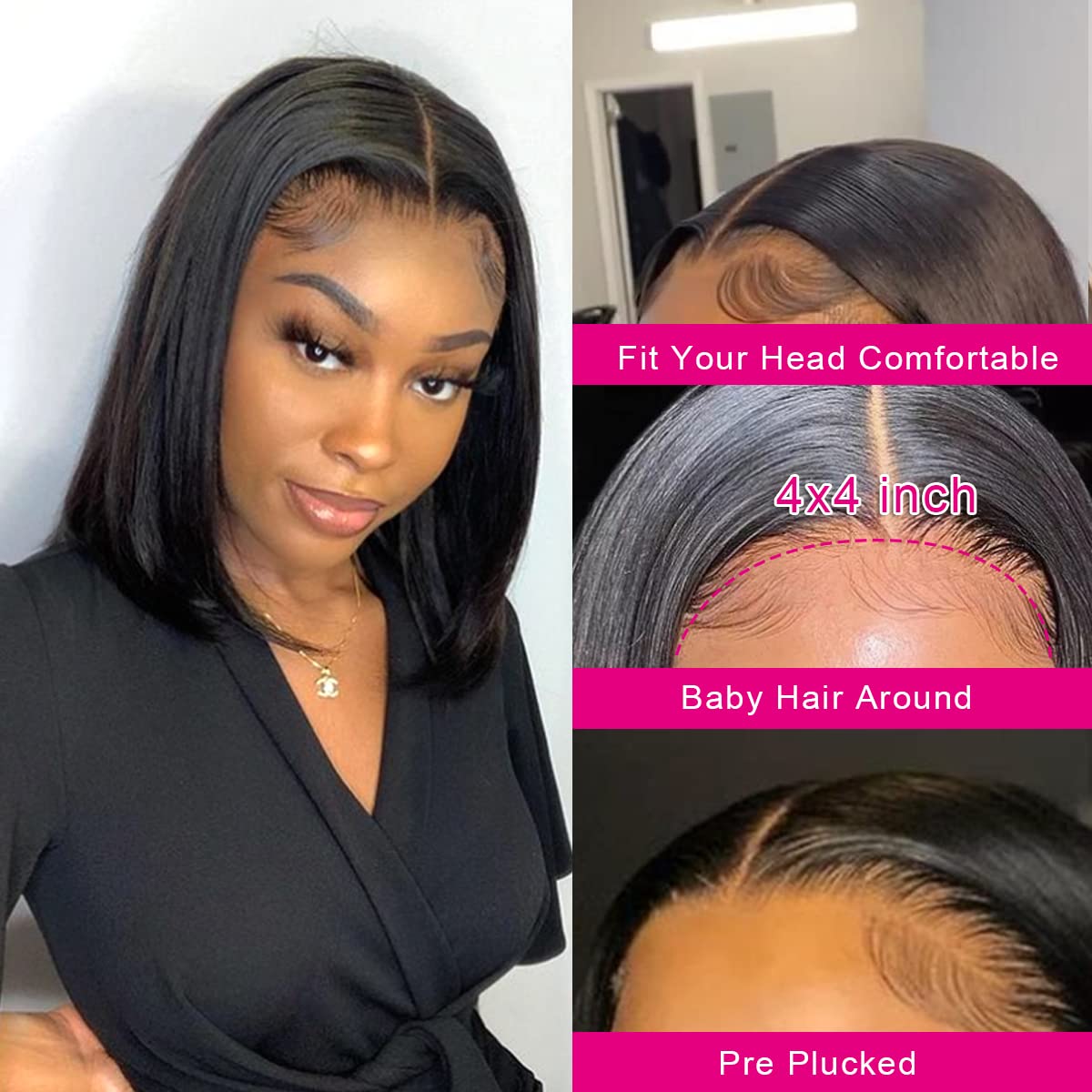 LICHANG 11 Inch 4x4 Lace Closure Bob Wigs Human Hair Wear And Go Straight Glueless Pre Plucked with Baby Hair for Black Women 180% Density