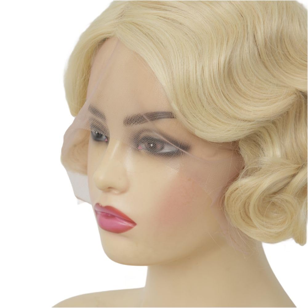 Salaibs Blonde Finger Wave Lace Front Wigs for Women 1920s Short Curly Wig Synthetic Heat Resistant Halloween Cosplay Costume Hair Wig