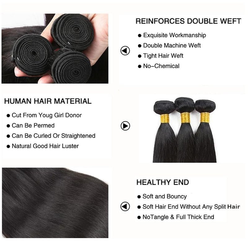 Straight Bundles Human Hair Natural Black Straight Hair Bundles Brazilian Virgin Remy Hair Extensions 12 14 16 Inch Soft And Healthy Double Weft 3 Bundles Hair Weave