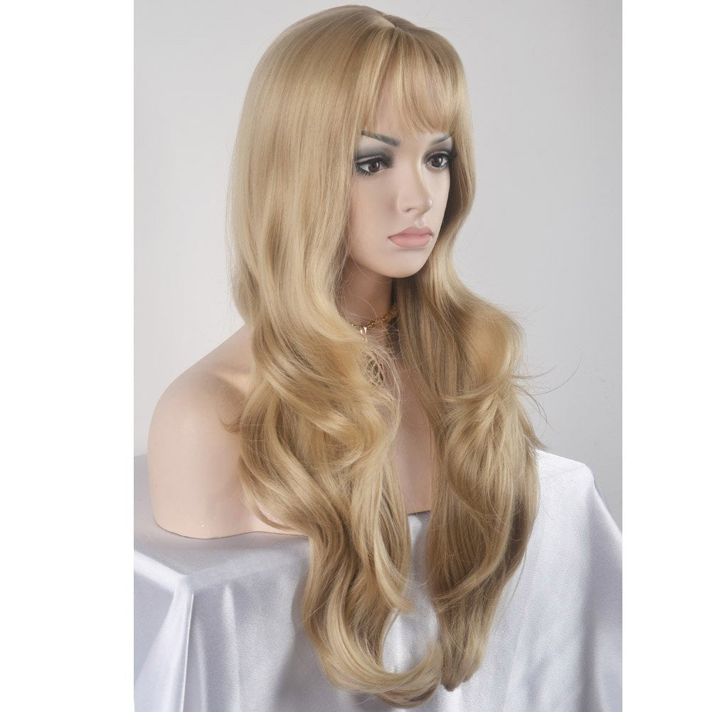 BERON 26 Inches Blonde Wig Long Wavy Wig Ash Blonde Wigs with Bangs for Women Gold Blonde Synthetic Wigs with Hairnet