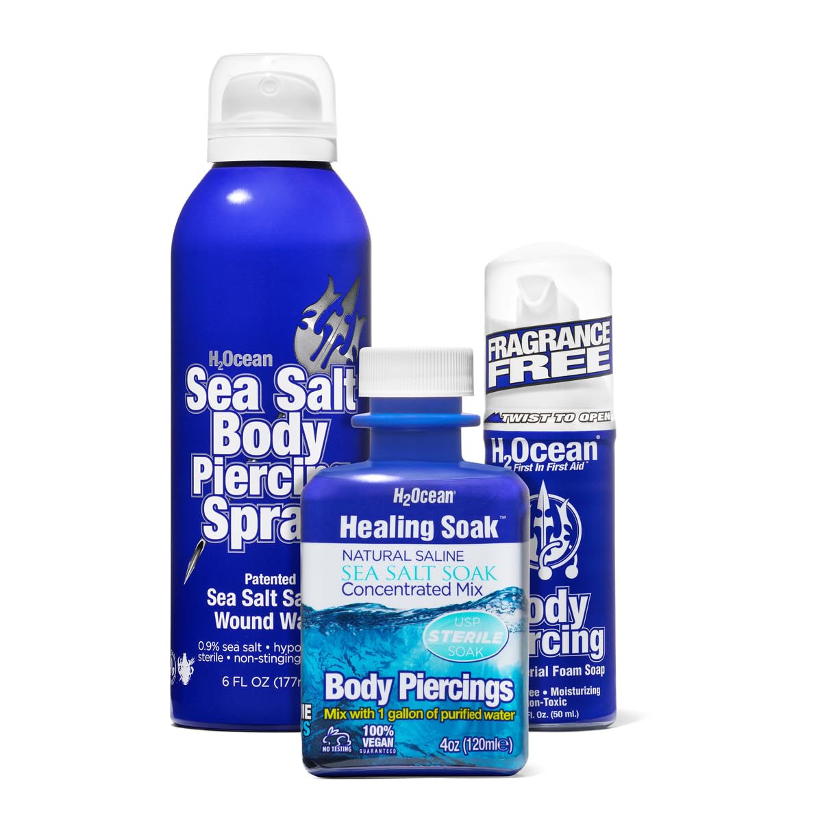 H2Ocean Complete Sea Salt Saline Body Piercing Healing Kit - Vegan Cleansing Solution for All Body Piercings