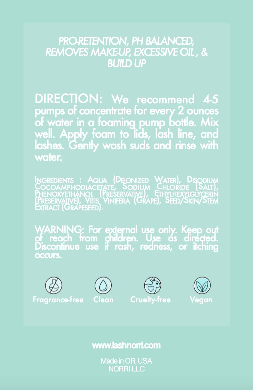 Norri Lash Shampoo Concentrate - 8oz / 237ml (1 Bottle makes 64oz) - Value Size with Labels included