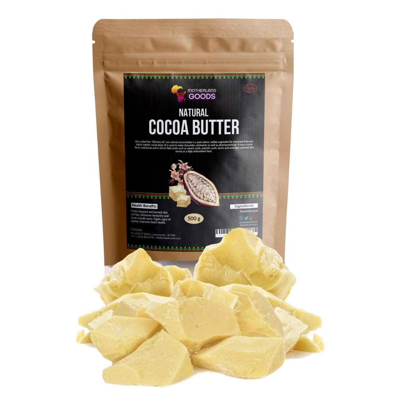 Motherland Goods Natural Cocoa Butter Chunks - 8 oz Organic & Raw Body Moisturizer for Sensitive Skin, Anti-Aging, Scars & Eczema Relief (West Africa)