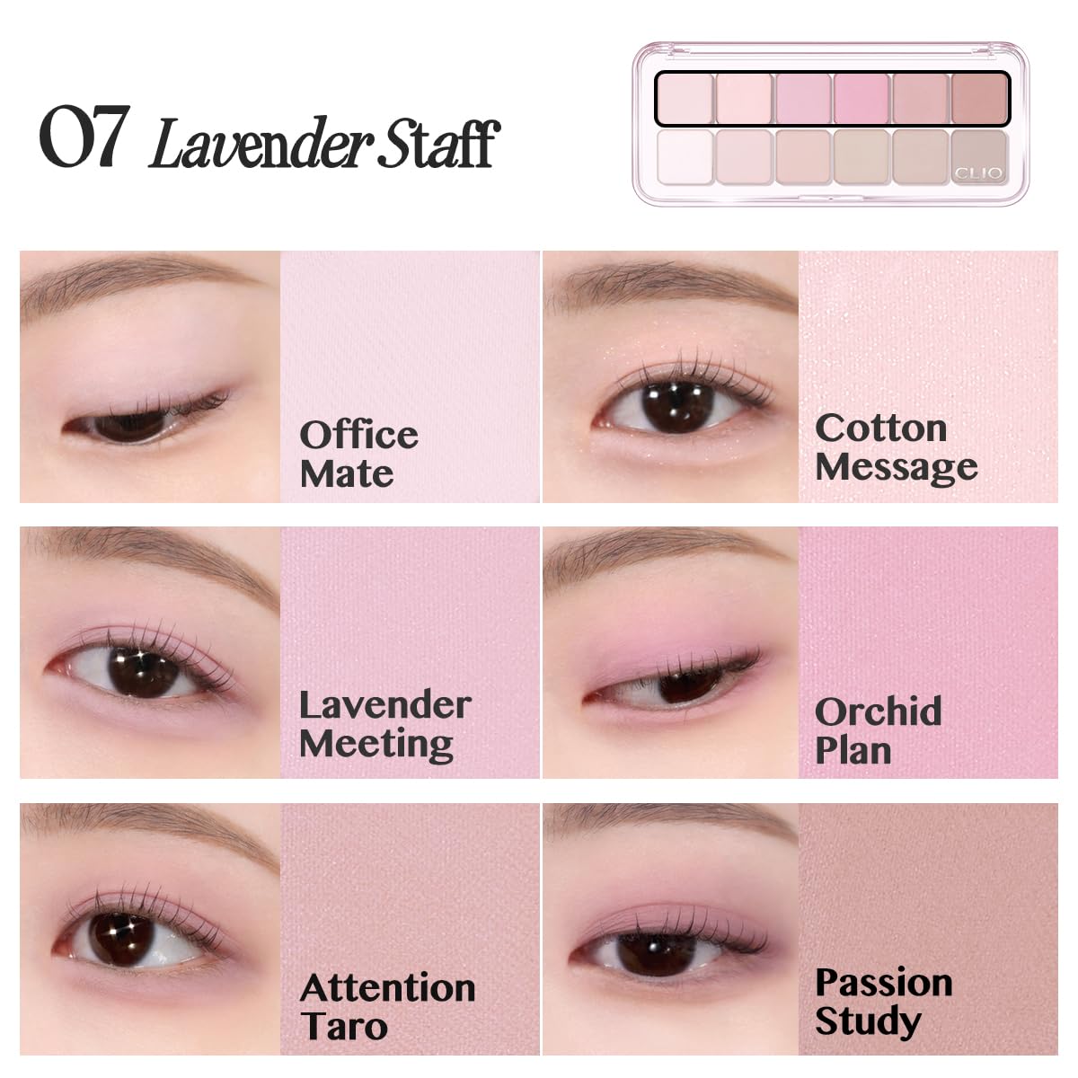 CLIO Pro Eye Palette Air, 12-Color Eye Shadow Palette, Matte Shimmer Mix, Air-Fit Blendable Pigmented Buildable Color, Low Fallout, Cool Mauve Neutral Tone, Daily Korean Makeup (07 LAVENDER STAFF)