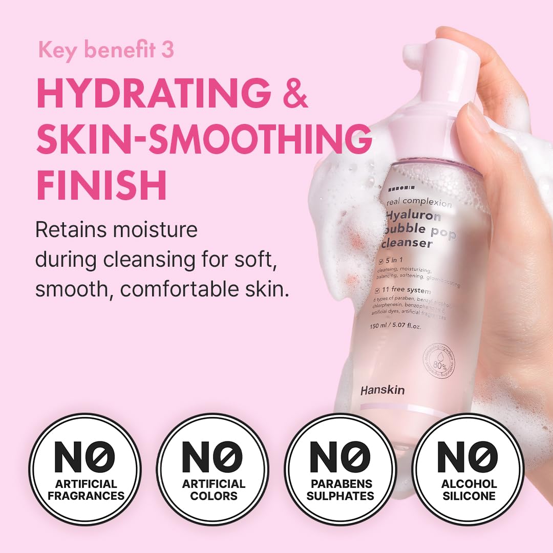 Hanskin Hyaluron Bubble Pop Cleanser – Korean Hydrating Foaming Face Wash with Hyaluronic Acid for Gentle Deep Cleansing, Softening Glow, pH-Balanced Daily Cleanser for Glass Skin | 5.07 fl oz
