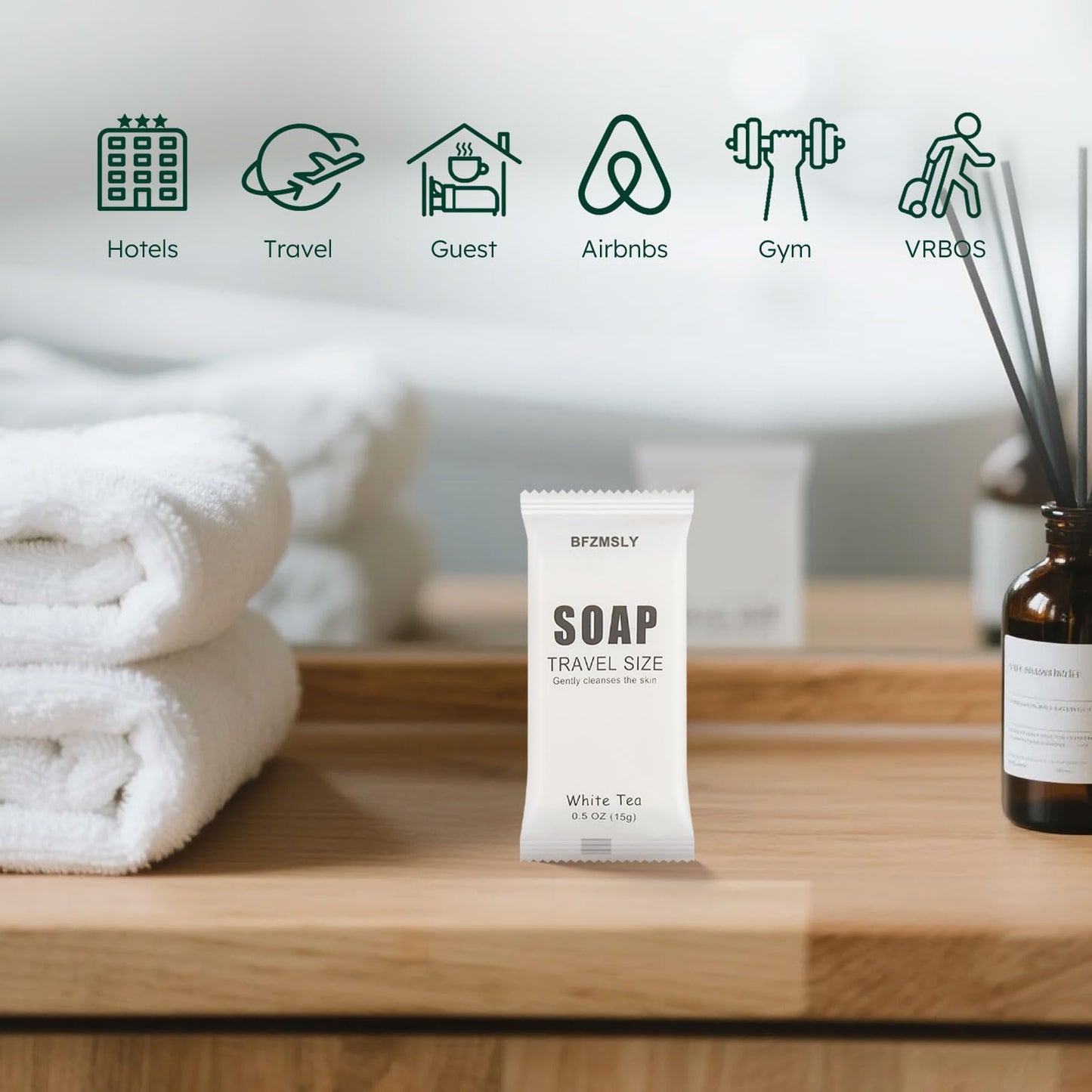 BFZMSLY 100 Pack Bulk Wrapped Hotel Bar Soap, 0.5 oz (15g), White Tea Scent – Mini Guest Soaps for Hotels, Airbnb, Vacation Rentals, Travel Toiletries, Individually Wrapped