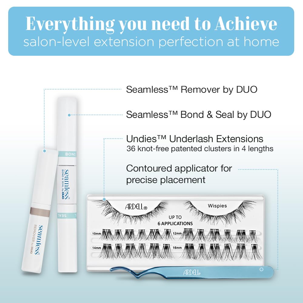 Ardell Seamless Underlash Eyelash Extensions Wispies – DIY Lash Extension Kit with Bond & Seal, Natural Wispy Lash Clusters for Undereye Application, 1 Pack