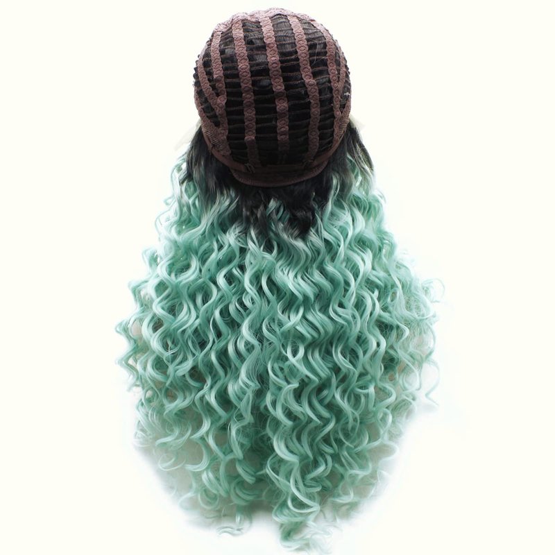 Long Curly Heat Resistant Synthetic Lace Front Wig - Dark Root Blue Color