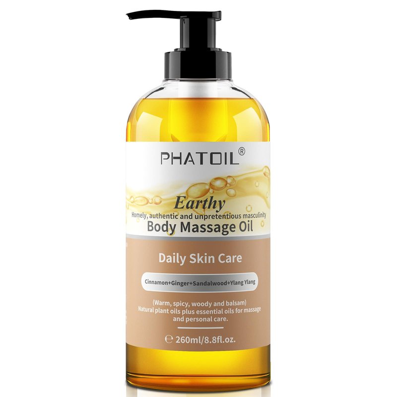 PHATOIL Sandalwood Body Oil for Men with Ginger, YlangYlang, Cinnamon, 260ml Large Bottle Body Oil for Skin, 8.8 fl.oz Premium Moisturizer Oil for After Shower, Great for Skin and Body Care